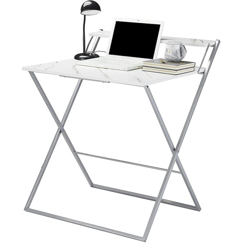 Foldable 2-Tier Compact Computer Desk, Marble Top, Silver Frame, No Tools Assembly