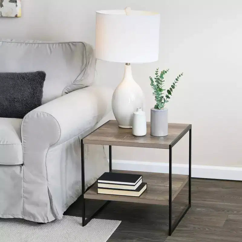 Square End Table, Black Iron Frame with Brown Top