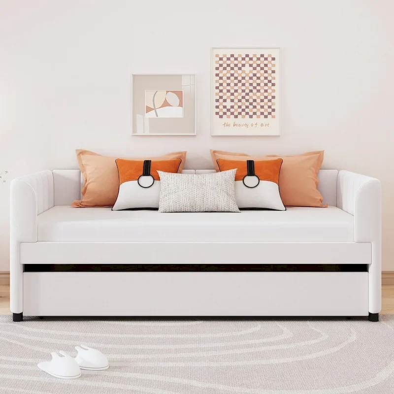 Twin Size Upholstered Daybed with Ergonomic Design Backrest and Trundle