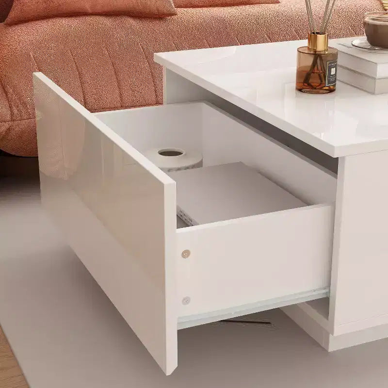 White High-Gloss LED Coffee Table with Drawer & Open Compartments