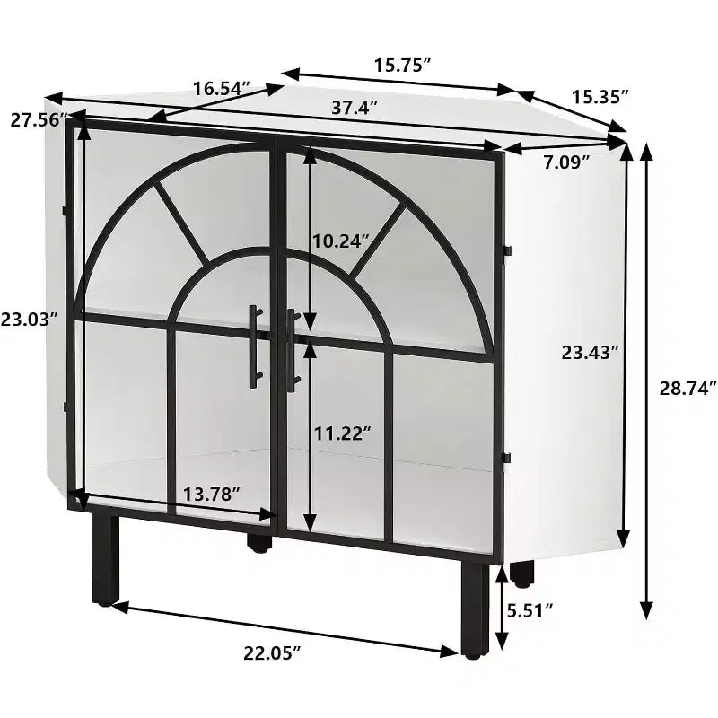 Acekool Corner Cabinet, 2-Door Sideboard with Metal Frame and 2-Tier Shelves, Storage Organizer for Living Room, Kitchen, Bedroom, Bathroom, White