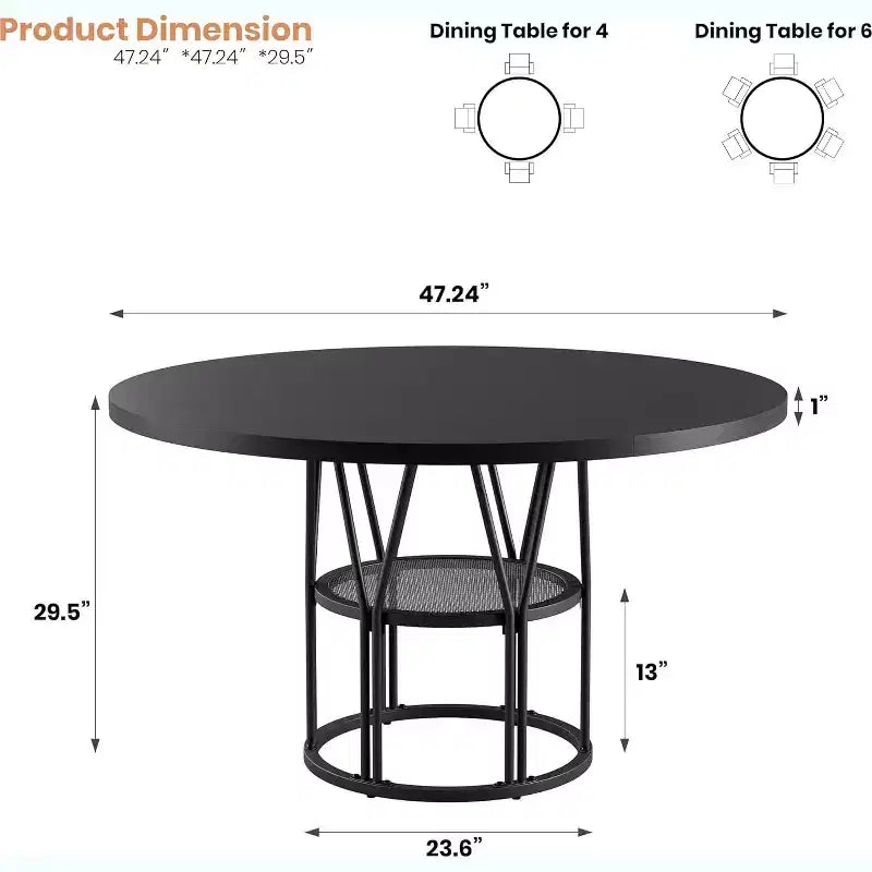 Acekool 47 Round Dining Table with Storage Shelf, Sturdy Metal Frame Kitchen Table for Dining Room or Office