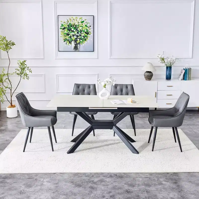 63-79 Modern Extendable Dining Table with Sintered Stone Tabletop, Rectangular Kitchen Table for Dining Room or Breakfast Area