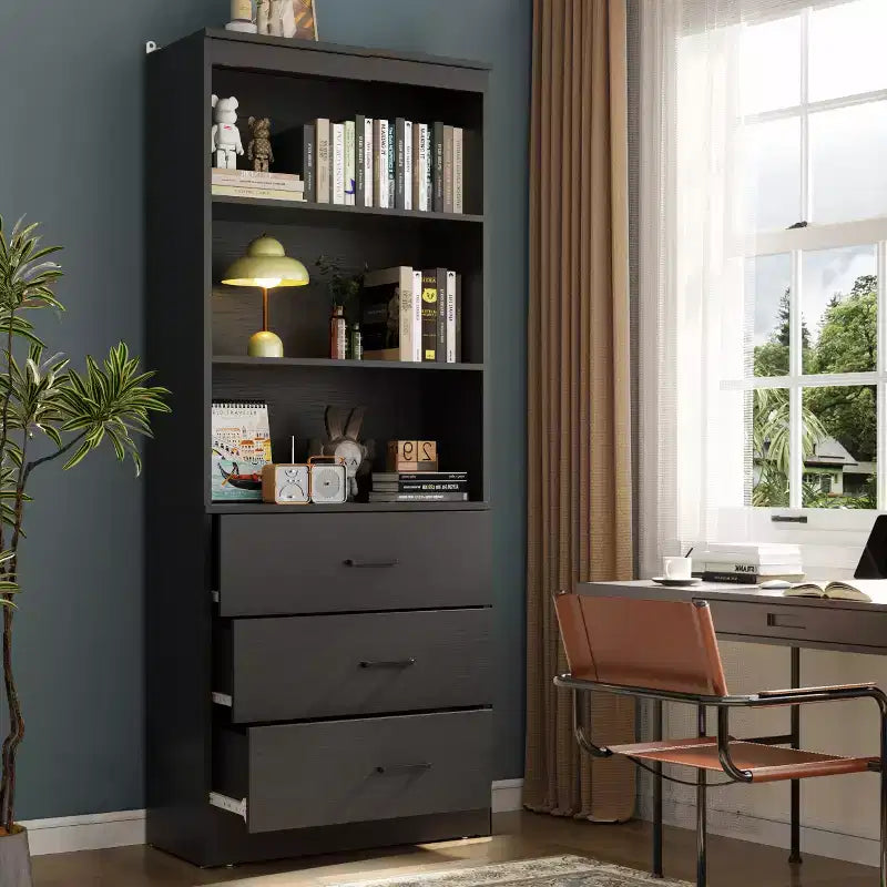 71-Inch Tall Bookshelf with 3 Drawers and Open Shelves