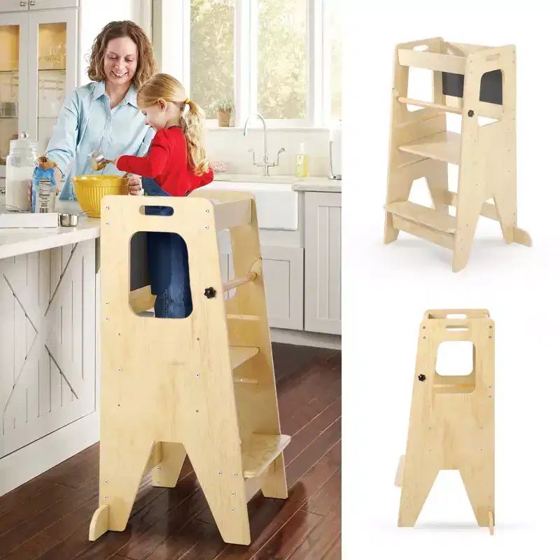 Adjustable Wooden Kids Kitchen Step Stool with Safety Guardrail - 3-Height Non-Slip Standing Tower for Toddlers, 150 lbs Weight Capacity