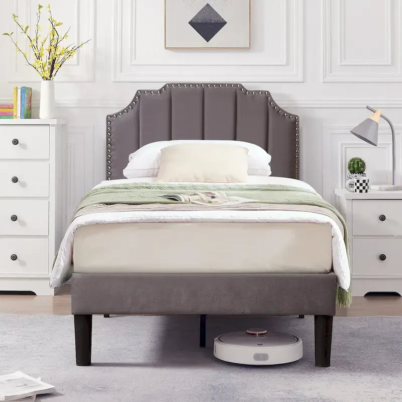 Upholstered Platform Bed Frame with Nailhead Trimmed Adjustable Height Headboard, No Box Spring Needed