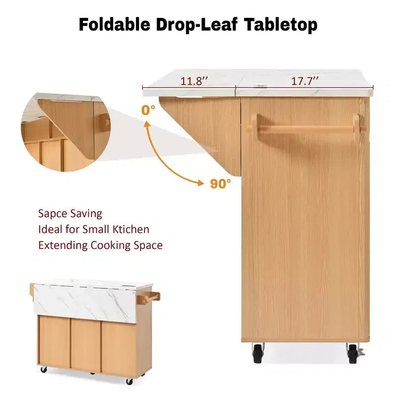 52-Inch Fluted Kitchen Island Cart with Power Outlet and Faux Marble Drop Leaf