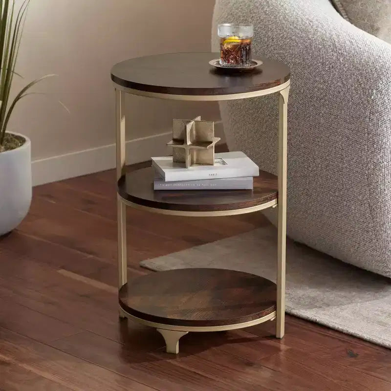 Studio 55D Keanu Farmhouse Rustic Bronze Round Accent Side End Table 15 1/4 Wide with 3-Shelf Brown Wood Tabletop for Living Room