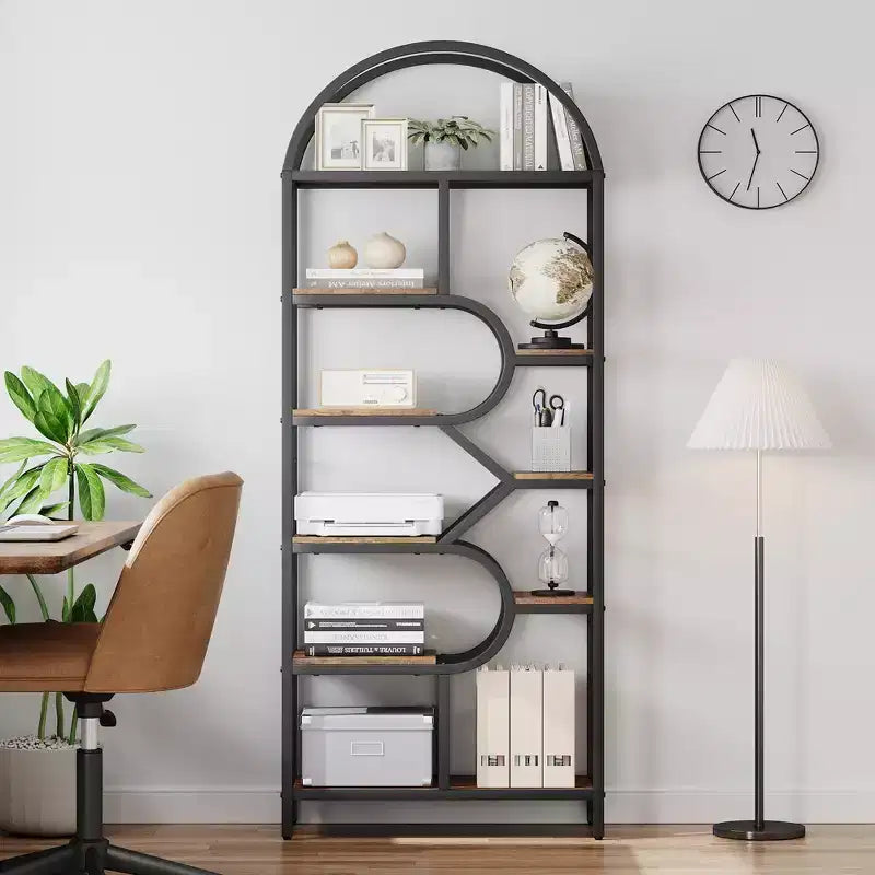 Garvee Bookshelf 6 Tier Arched Bookcase 81.7in Tall Display Racks Geometric Open Storage Shelf Unique Book Rack Metal Frame