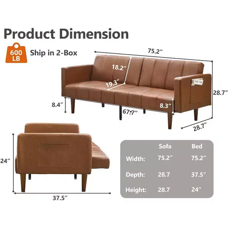 75 in PU Leather Mid-Century Futon Sofa Bed - Convertible Sleeper with Adjustable Backrest, Loveseat & Side Pockets, Living Room/Bedroom