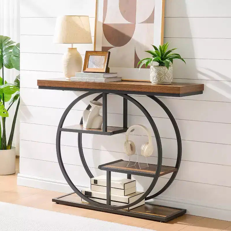 Industrial 4-Tier Console Table with Metal Frame and Wood Shelves