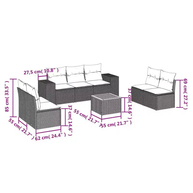 vidaXL Garden Sofa Set Black Poly Rattan 8-Piece Set Modular