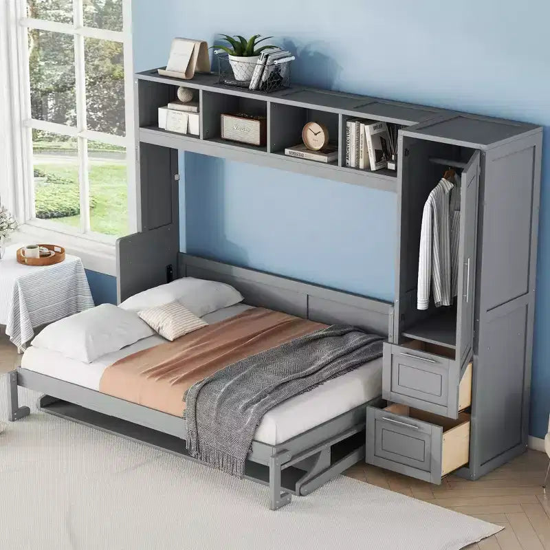 GDFStudio Evans Murphy Bed Wall Bed with Closet and Drawers, Queen Size