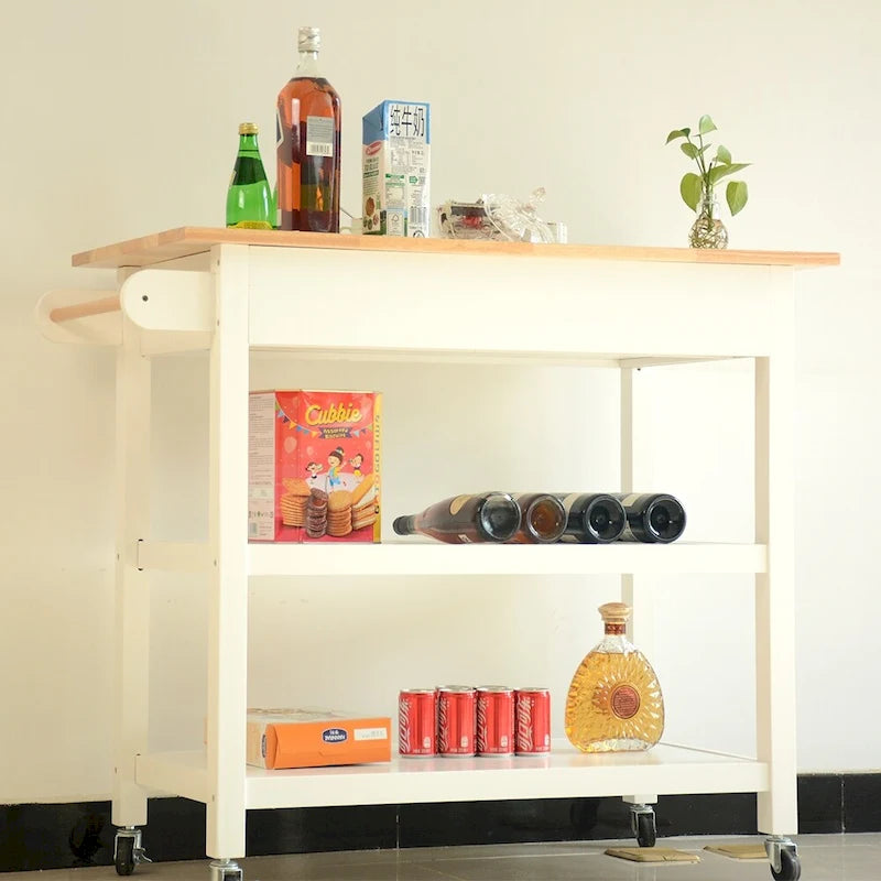 Rolling Kitchen Cart with Natural Wood Top 2 Open Shelves and Towel Rack