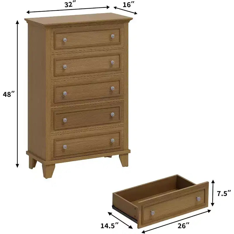 5 Drawer Dresser, Wooden Storage Chest of Drawers with Exquisite Metal Handles, Tall Storage Cabinet, Modern Design Dresser for Bedroom, Living Room