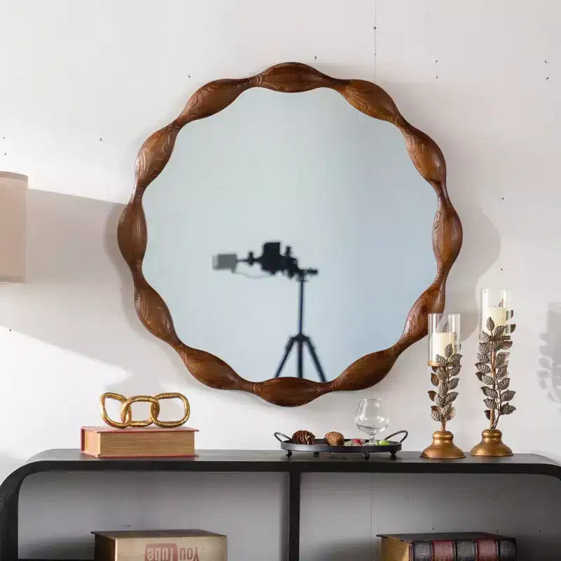GDFStudio Ursa Farmhouse Wooden Round Waved Decorative Wall Mirror