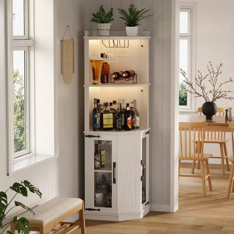 Whisen Farmhouse Corner Bar Cabinet with Wine Storage, Multifunctional Coffee Bar Buffet Sideboard