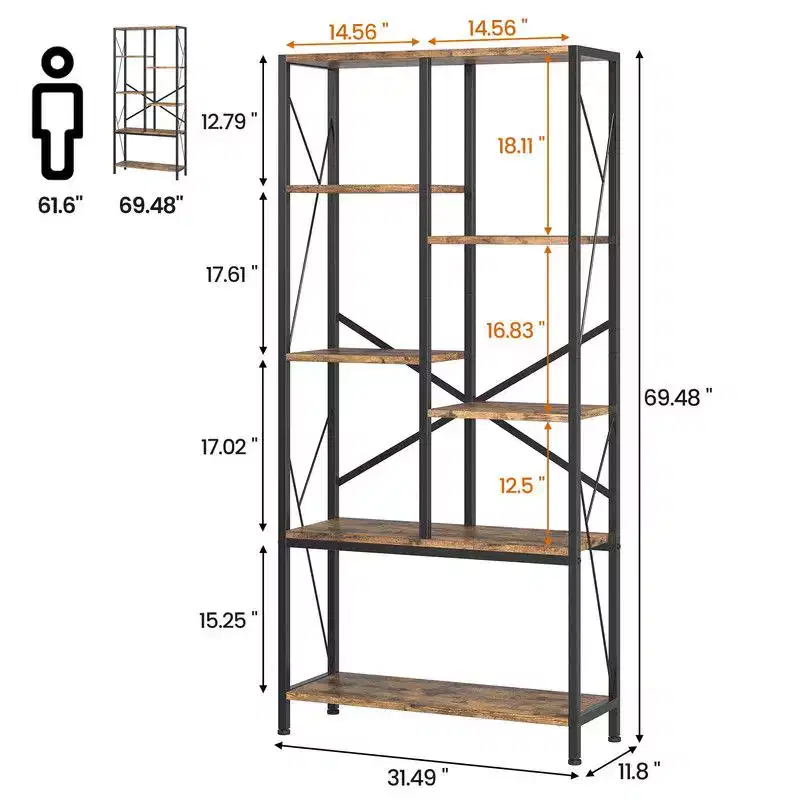 Industrial Bookshelf, Split Level Vintage Storage Bookcase Tall Standing Metal Frame Open Display Racks for Bedroom, Living Room