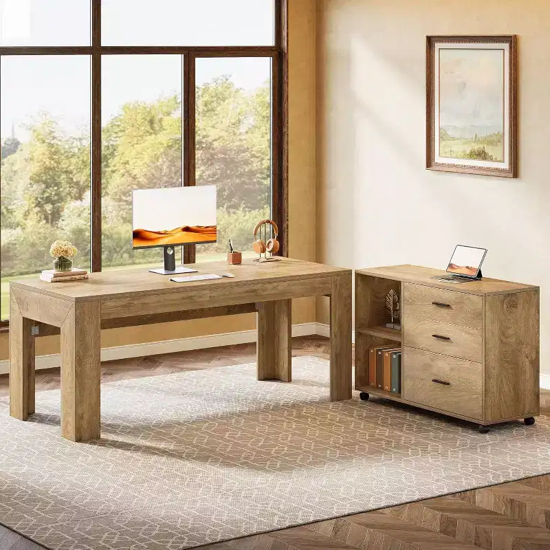 Lantine 63 L Shaped Executive Desk with Mobile Lateral File Cabinet Combo, Large Computer Table with Drawers for Home Office