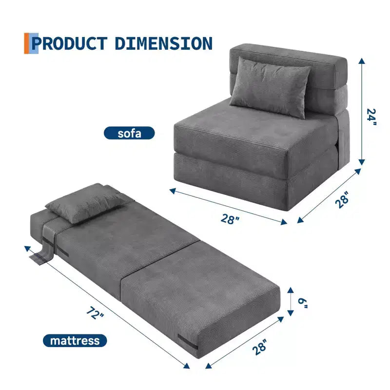 GustoWave 4-in-1 Convertible Folding Sofa Bed - Sleeper Chair with Pillow, Modern Corduroy Fabric Floor & Futon Couch, Dark Gray