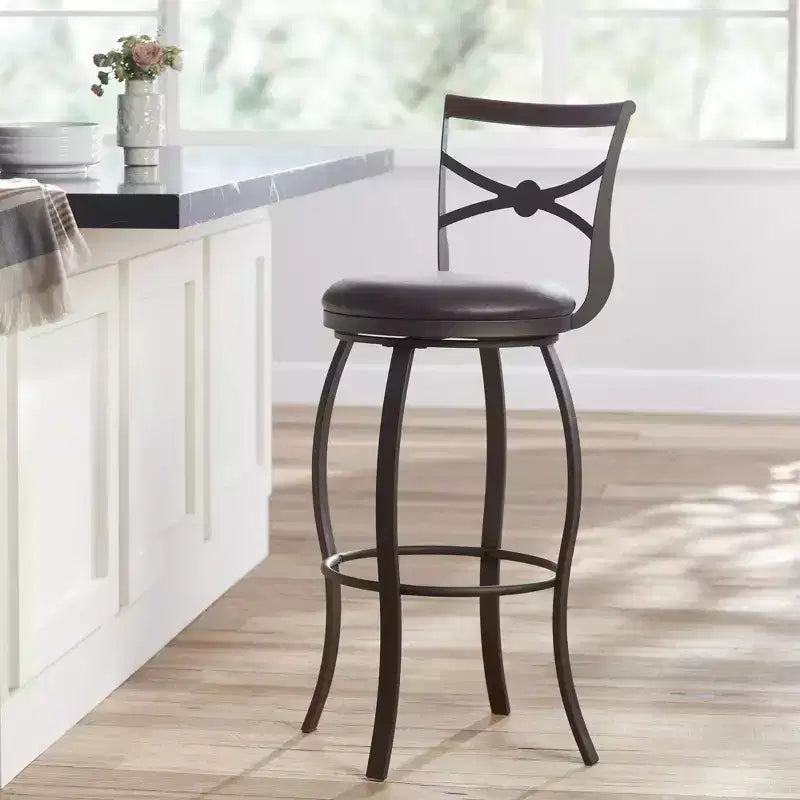 Elm Lane Haidar Bronze Metal Swivel Bar Stool Brown 25 High Traditional Faux Leather Round Cushion with Backrest Footrest for Kitchen Counter Height