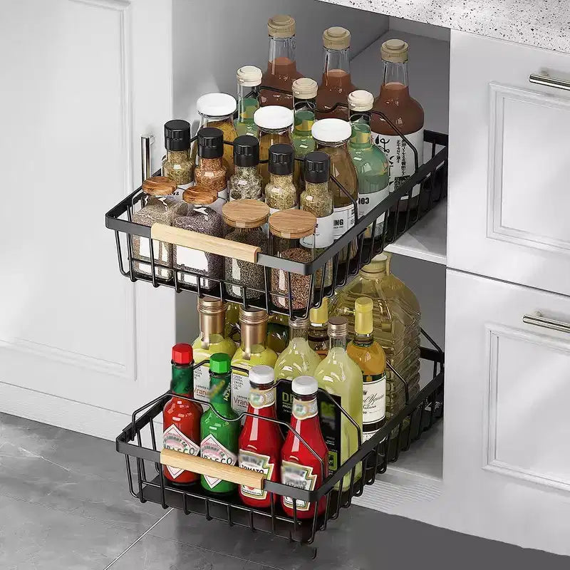 Black Carbon Steel Under-Cabinet Pull-Out Organizer Racks, No-Drill Spice Bottle Storage Shelves for Kitchen