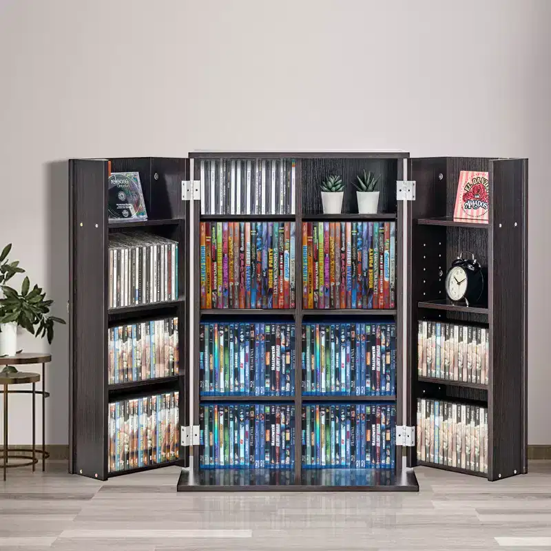 Media Storage Cabinet with Doors & Adjustable Shelves – Holds 576 CDs/DVDs, Brown