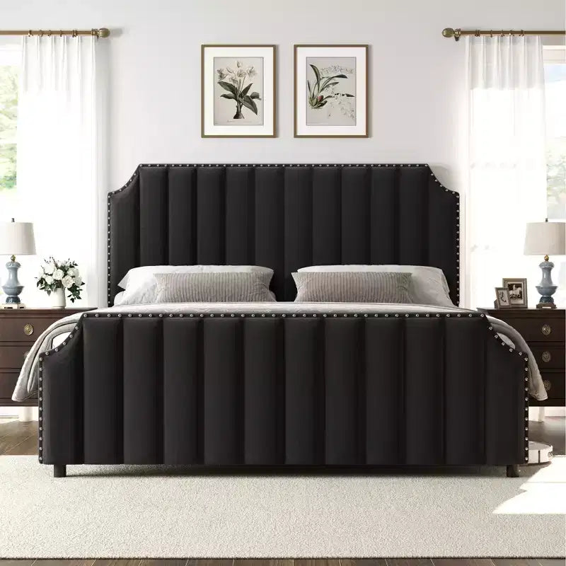 Whizmax Platform Bed Frame with 50.2 Headboard, Velvet Upholstered with Vertical Channel Tufted Headboard , No Box Spring Needed