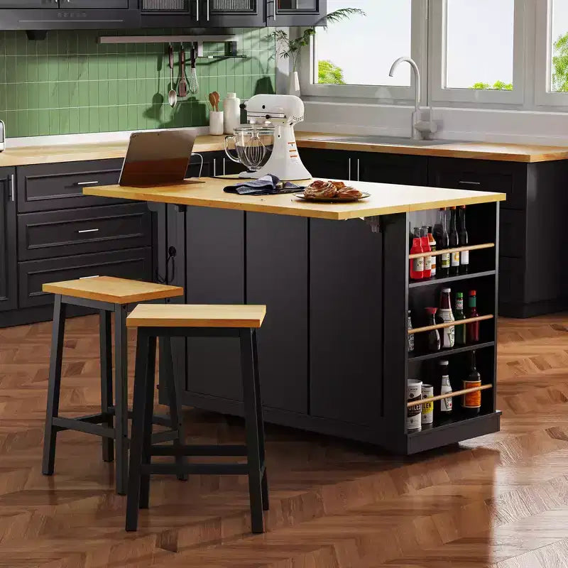 GDFStudio Viggo 53 Kitchen Island Set with 2 Bar Stools, Power Outlet, Drop Leaf and 5 Wheels