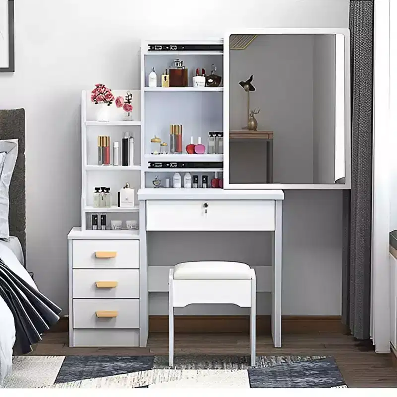 Modern Vanity Desk with Large Mirror, Makeup Vanity with 4 Drawers and Shelves, Girls Vanity with Chair for Bedroom, Vanity Room, White