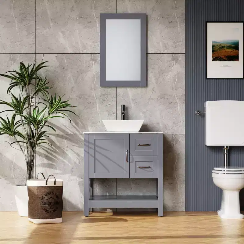 30 Gray Bathroom Vanity and Sink Combo Marble Pattern Top /Mirror Faucet&Drain