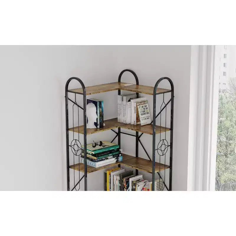 Okak 7-Tier Industrial Coner Shelf, Freestanding L Shaped Bookcase, Display Case for Living Room, Bedroom, Office, Brown