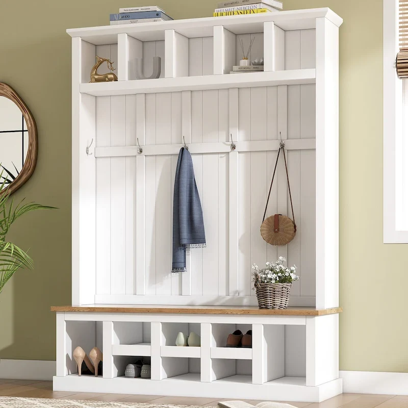78H Modern Hall Tree with Wide Storage Seating Bench,Entryway Shoe Cabinet with 13 Compartments,Elegant Coat Rack with 6 Hooks