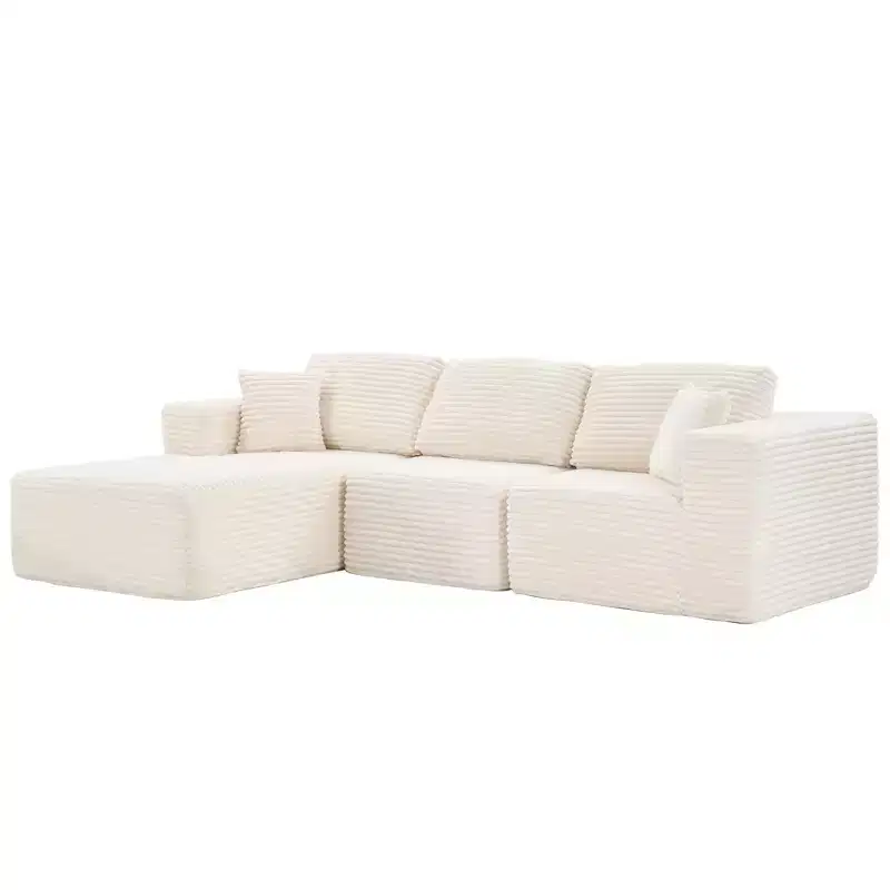 Dovelina Modular Plush Corduroy Sectional Sofa 3-Seat Sofa,Modern Comfy Upholstered Sofa L-Shape Couches with Soft Pillows
