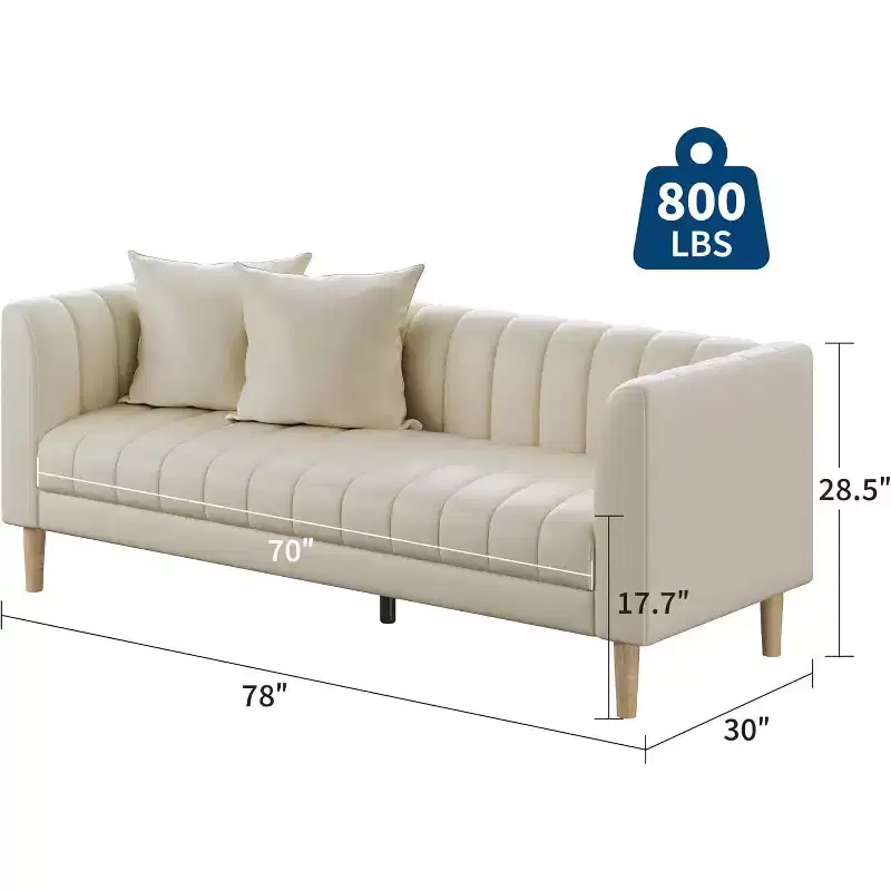 Faux Leather Sofa Couch, Modern 78 W Sofa with Deep Seats, 3 Seater Sofa Couch with 2 Throw Pillows and Wood Legs, for Living Room