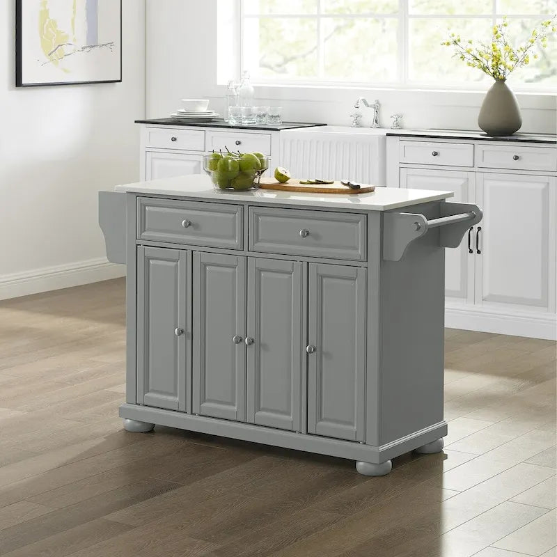 Grey Portable Kitchen Island with White Granite Top 2 Drawers 4-Door Cabinet and Spice Rack