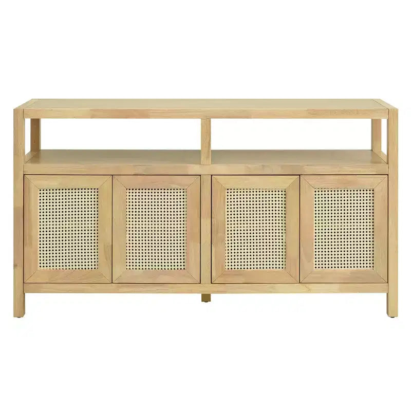 Bohemian Rattan Buffet Storage Cabinet with Solid Wood Frame and Adjustable Shelves for Dining and Living Room