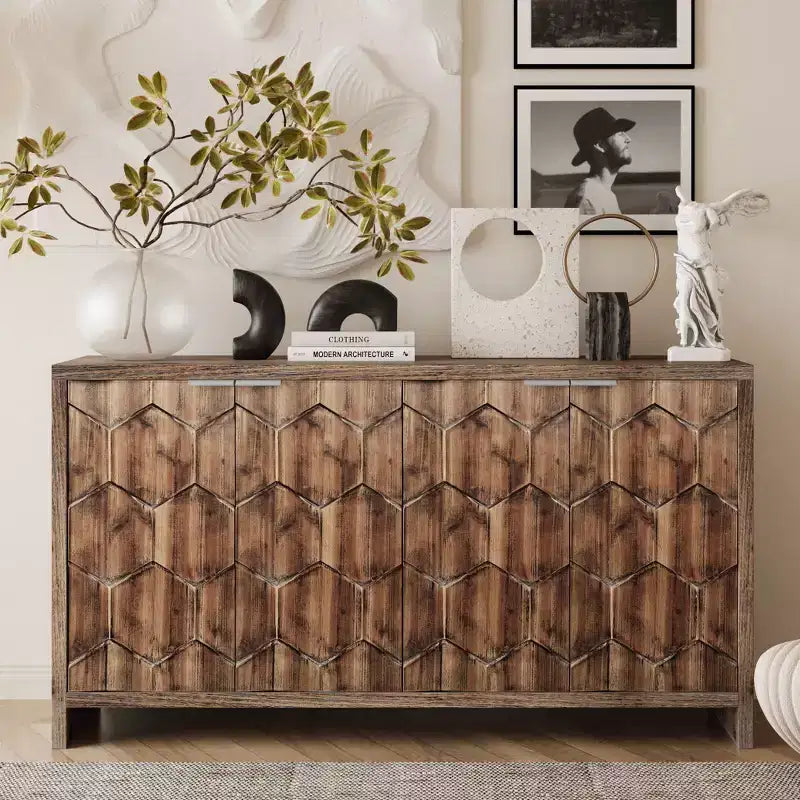 TUYOHW Wooden Accent Cabinet,Hexagonal Pattern Sideboard with Adjustable Shelves,Storage Buffet Server for Living Room,Entryway,Kitchen,Dining Room