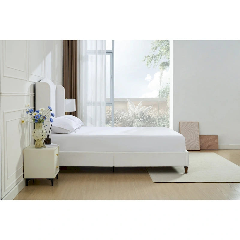 King Wingback Upholstered Bed | 54 Camelback Headboard | Cream Chenille | 1000 lb