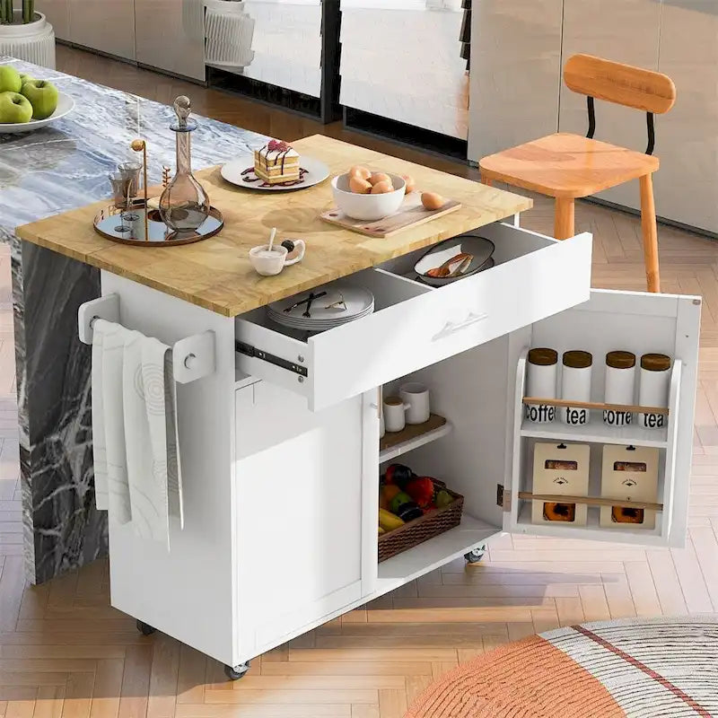 Rolling Kitchen Island Cart with Drop-Leaf Rubberwood Top Drawer Door Cabinet and Towel Rack