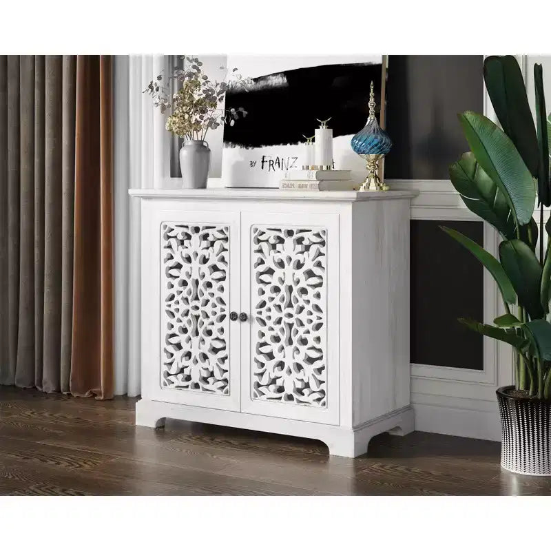 Kitchen Storage Cabinet with 2 Hollow Carved DoorsSideboard Buffet, Console Table, Accent Liquor Cabinet for Dining Room or Living Room