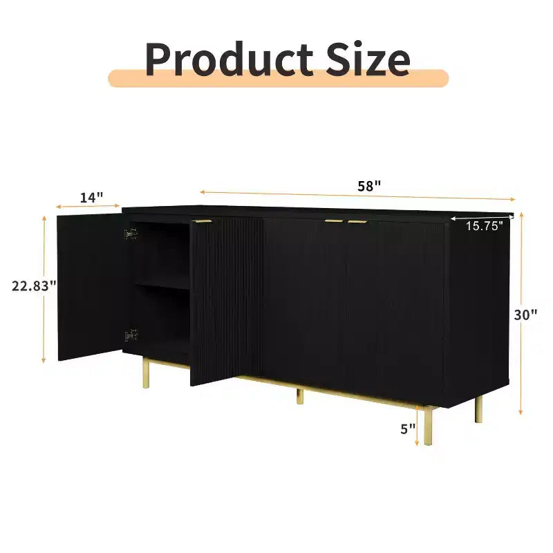 Dyonery 58 inch side panel buffet cabinet with storage space, slotted cabinet with adjustable shelves and 4 doors, Black/Natural wood color