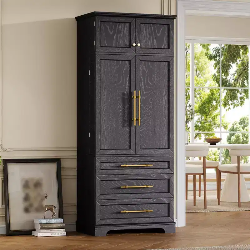78 Tall Kitchen Pantry Cabinet, Freestanding Cupboard with 3 Drawers, Wooden Kitchen Hutch Cabinet & Coffee Bar Cabinet for Living Room