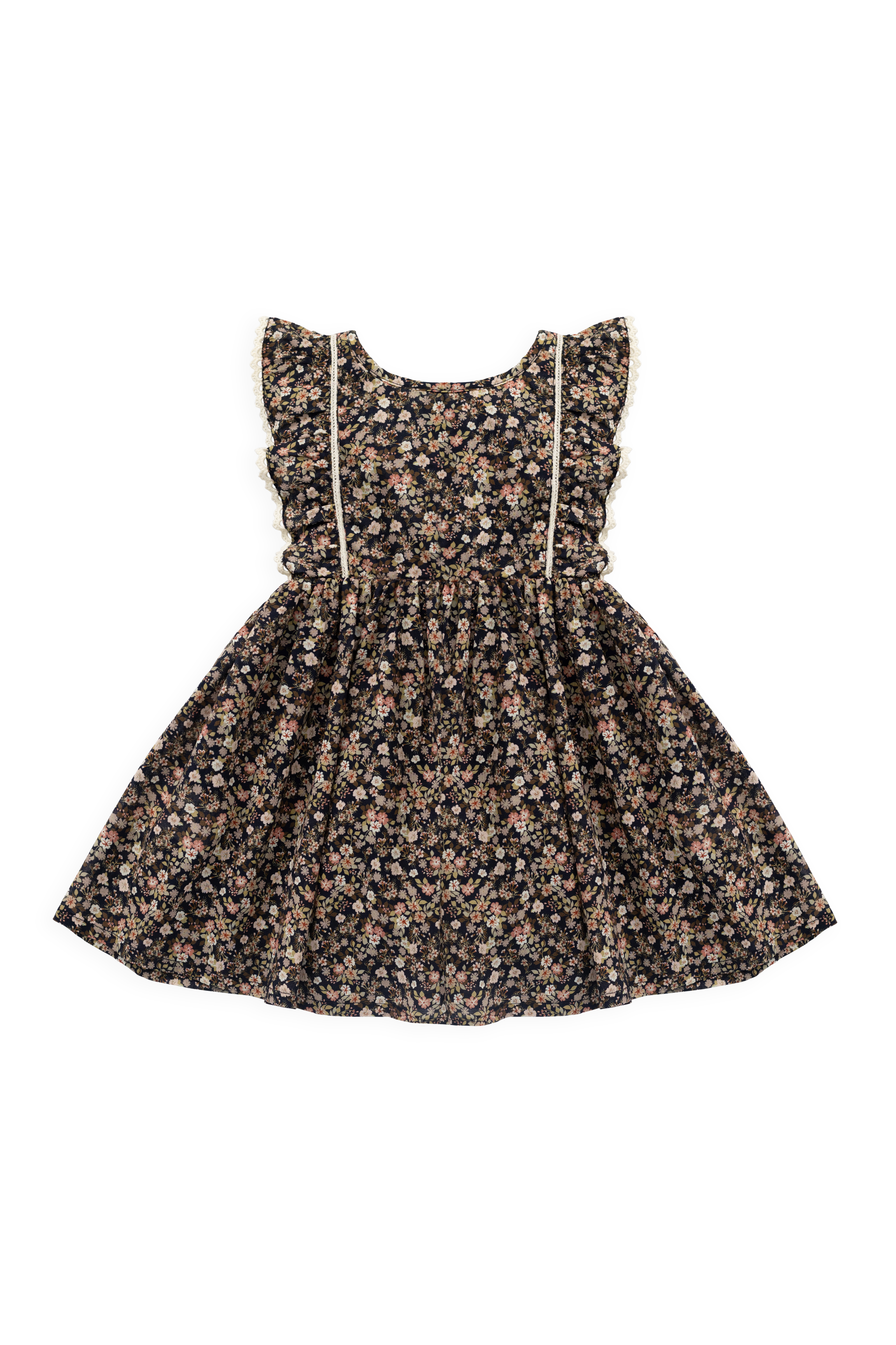 Vintage Deep Base Vintage-Inspired Floral Organic Cotton Dress with Flutter Sleeves & Delicate Trim for Girls Daily & Outings (6M�C10Y)