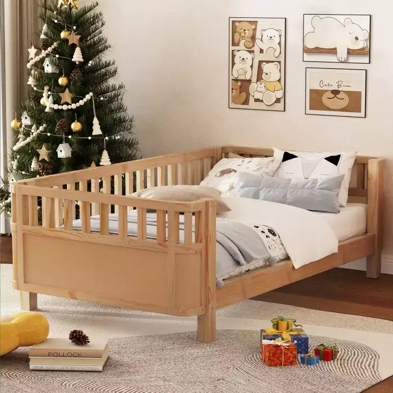 Whisen Twin Size Platform Bed with Rails for Girls and Boys, Sturdy Wooden Frame