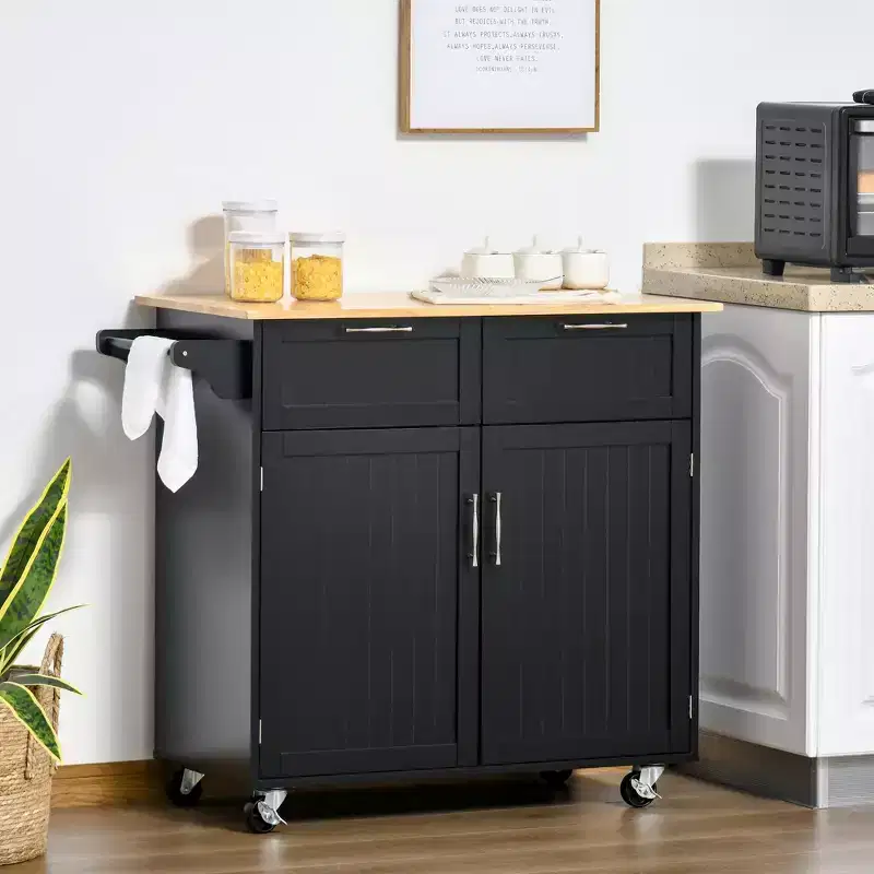 HOMCOM 41 Modern Rolling Kitchen Island on Wheels, Utility Cart Storage Trolley with Rubberwood Top & Drawers