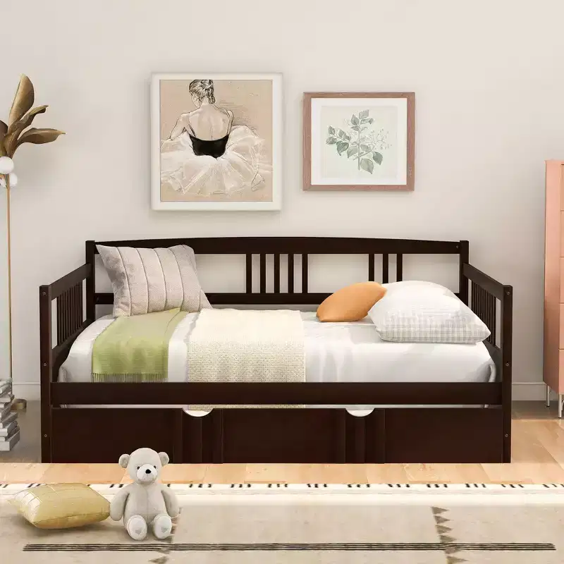 Twin/Full Modern Platform Bed Frame with Bedside Fence & Drawers/Trundle,Wooden Daybed Sofa Bed for Bedroom,Study