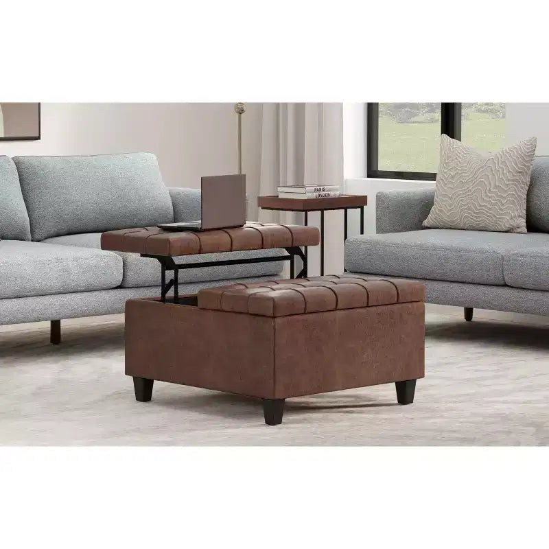 Elliot 30 inch Wide Transitional Small Square Coffee Table Storage Ottoman in Vegan Leather