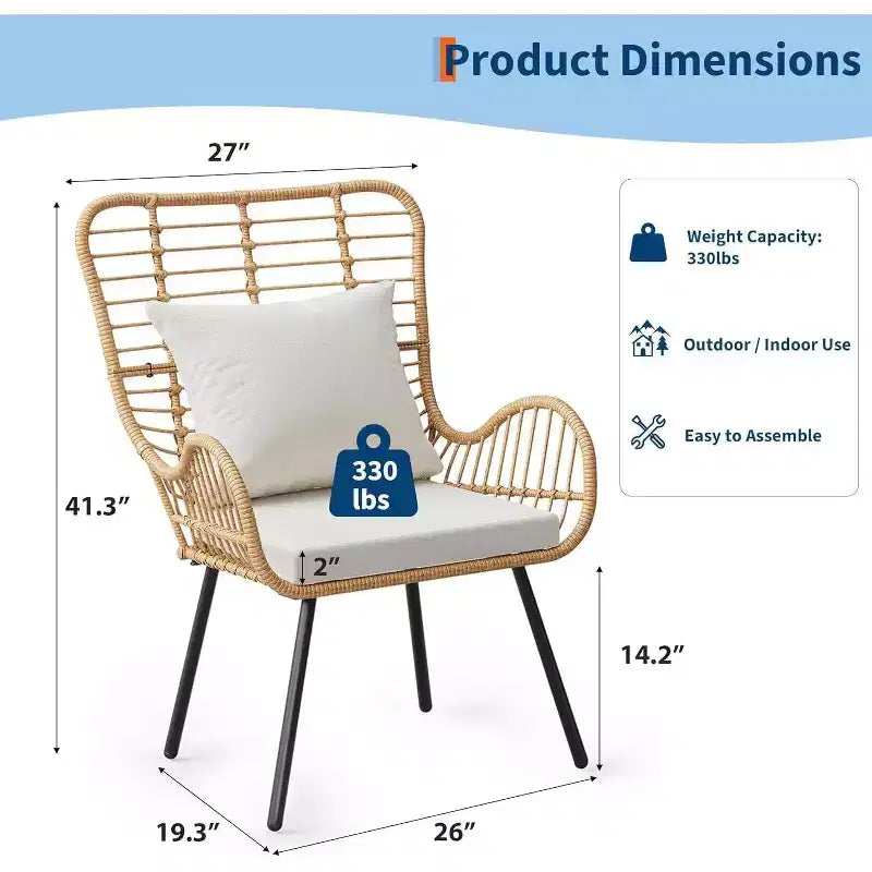 Wicker Patio Chairs Set of 4, Outdoor Rattan Furniture with Cushions & Pillows, Boho Patio Chairs for Porch, Garden, All-Weather, Easy Assembly