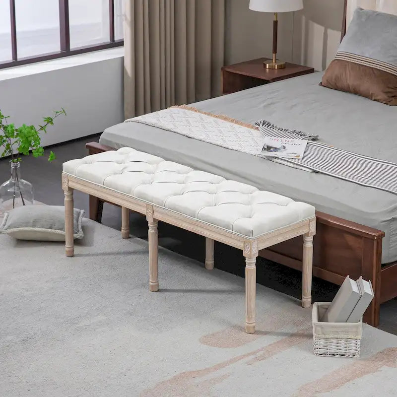 46 in. Upholstered Cream White Bedroom End-of-Bed Bench, Button Tufted with Wood Legs